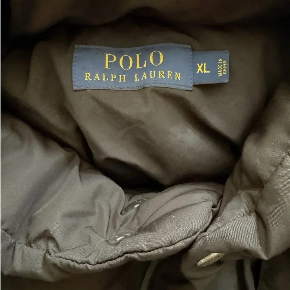POLO Ralph Lauren Down Puffer Vest Black Hooded XL Vintage Tan Pony Logo